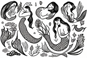 sleeping mermaid surrounded by plants tattoo idea