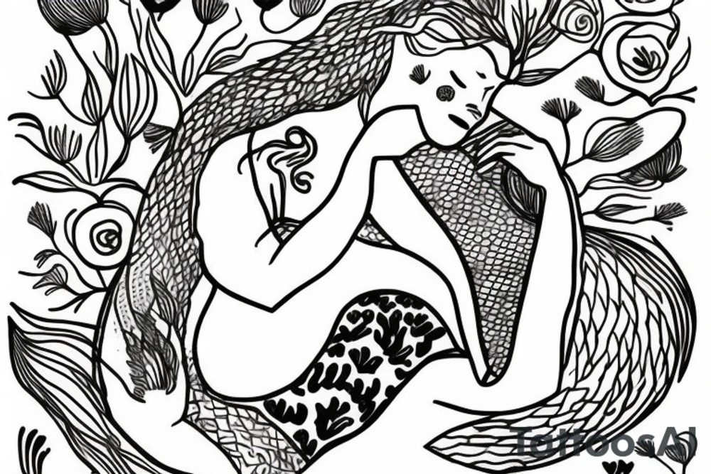 sleeping mermaid surrounded by plants tattoo idea