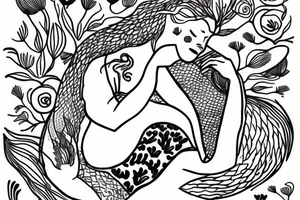 sleeping mermaid surrounded by plants tattoo idea