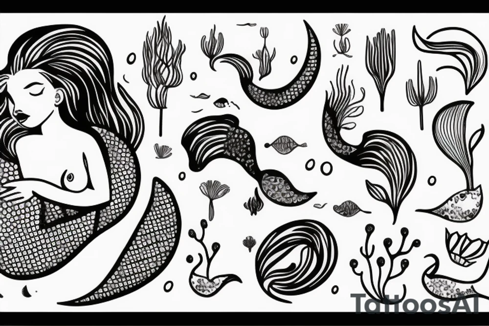 sleeping mermaid surrounded by plants tattoo idea