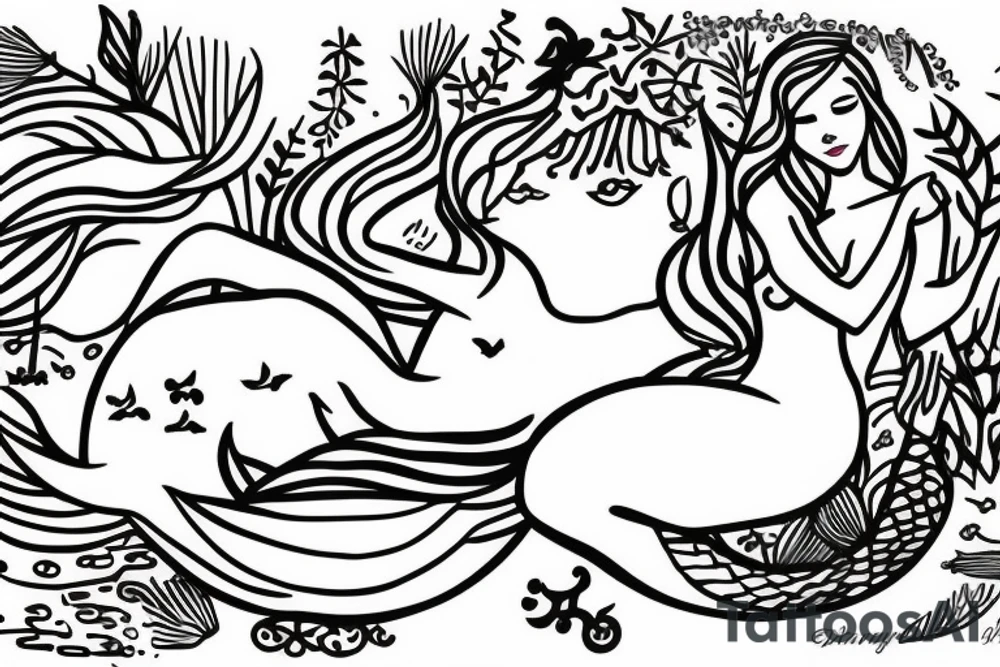 sleeping mermaid surrounded by plants
with a dove tattoo idea