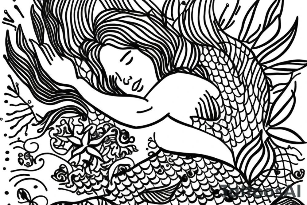 sleeping mermaid surrounded by plants
with a dove tattoo idea