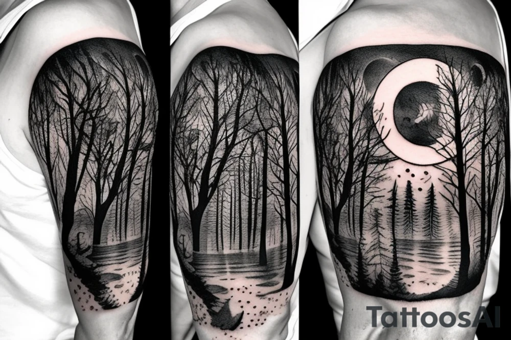 Moon on shoulder, sleeve of a forest lit by the moon with wolves and a lake tattoo idea