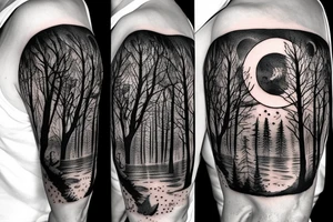 Moon on shoulder, sleeve of a forest lit by the moon with wolves and a lake tattoo idea