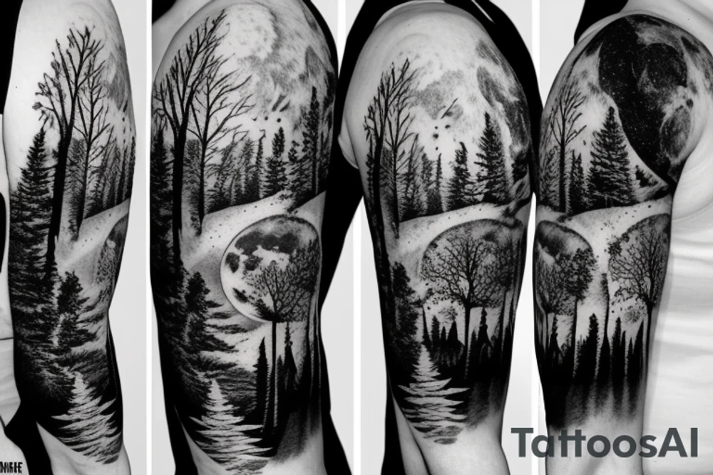 Moon on shoulder, sleeve of a forest lit by the moon with wolves and a lake tattoo idea