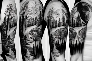 Moon on shoulder, sleeve of a forest lit by the moon with wolves and a lake tattoo idea