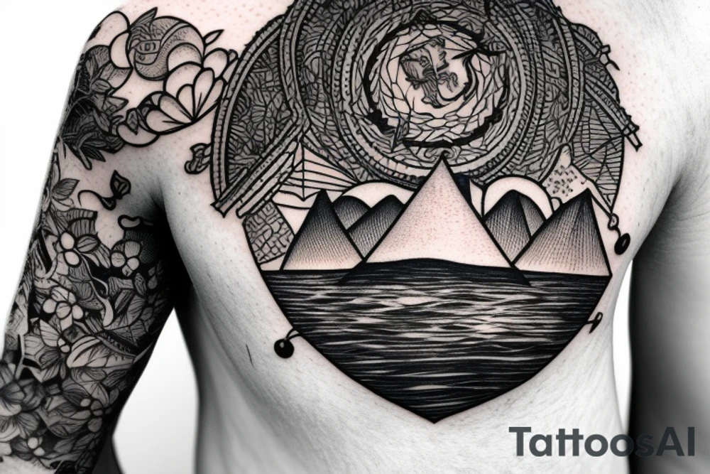 Moon on shoulder with a forest sleeve and a lake tattoo idea