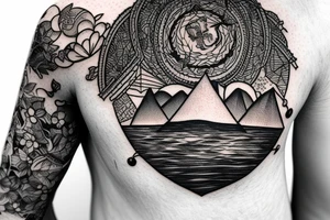 Moon on shoulder with a forest sleeve and a lake tattoo idea