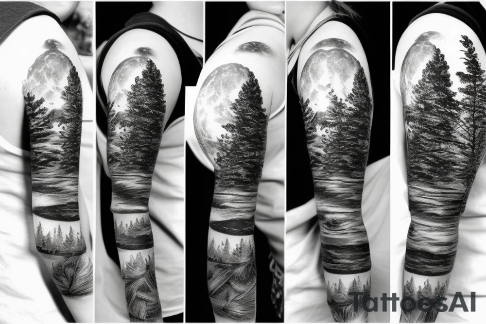 Moon on shoulder with a forest sleeve and a lake tattoo idea