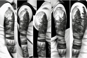 Moon on shoulder with a forest sleeve and a lake tattoo idea