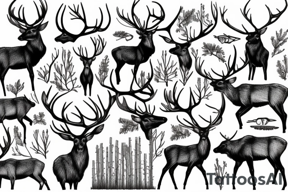 elk, aspen, cardinal, trout tattoo idea