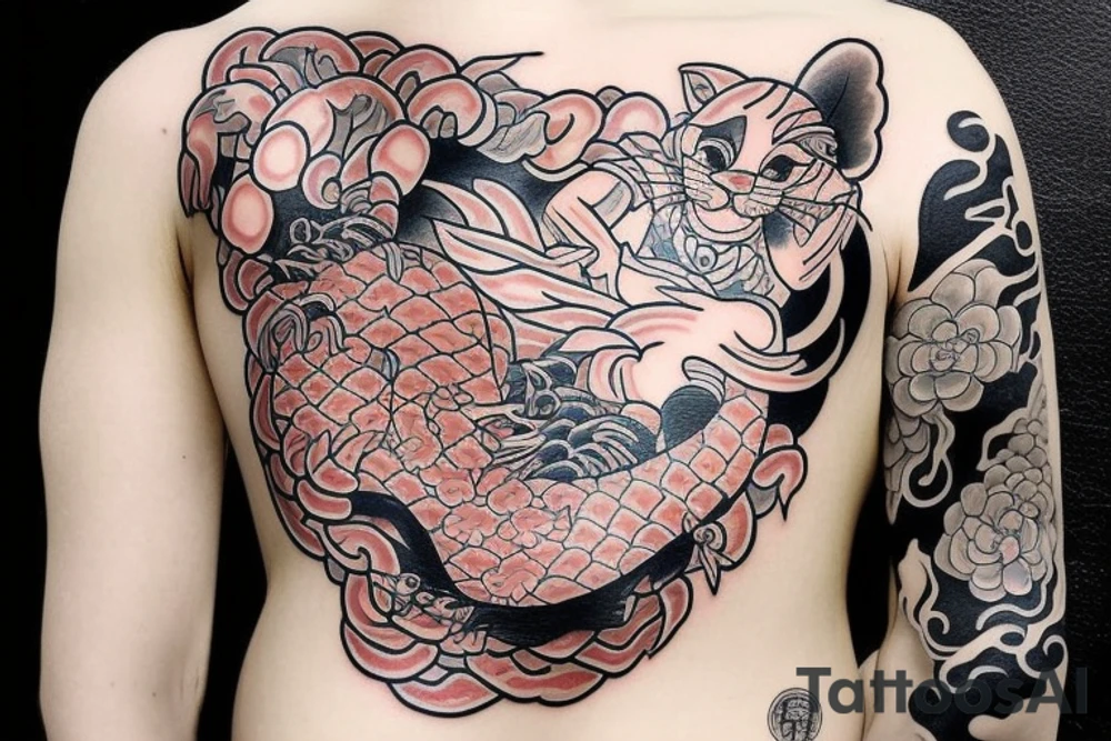 A tattoo that combines two styles, Japanese tattoo and New School. A cat in a kimono eating ramen. Some elements or details from the anime Bleach and One Piece, a lion in New School style, and carp in Japanese style. tattoo idea