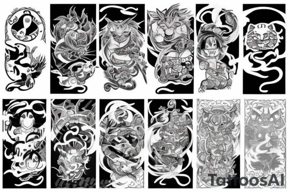 A tattoo that combines two styles, Japanese tattoo and New School. A cat in a kimono eating ramen. Some elements or details from the anime Bleach and One Piece, a lion in New School style, and carp in Japanese style. tattoo idea