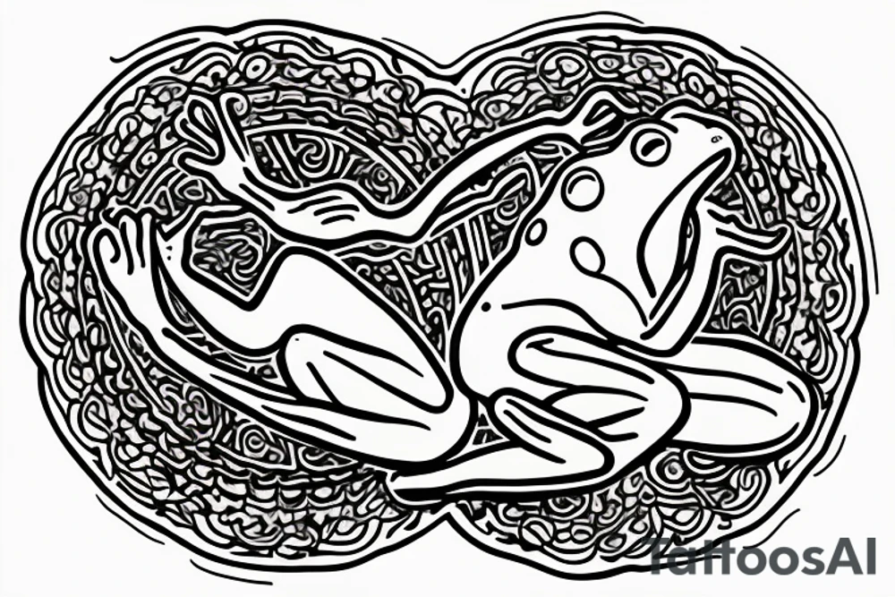 A neo trad tattoo design of a frog with long limbs and a long body sitting in a meditation. Looks like a zen monk. tattoo idea