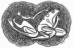 A neo trad tattoo design of a frog with long limbs and a long body sitting in a meditation. Looks like a zen monk. tattoo idea