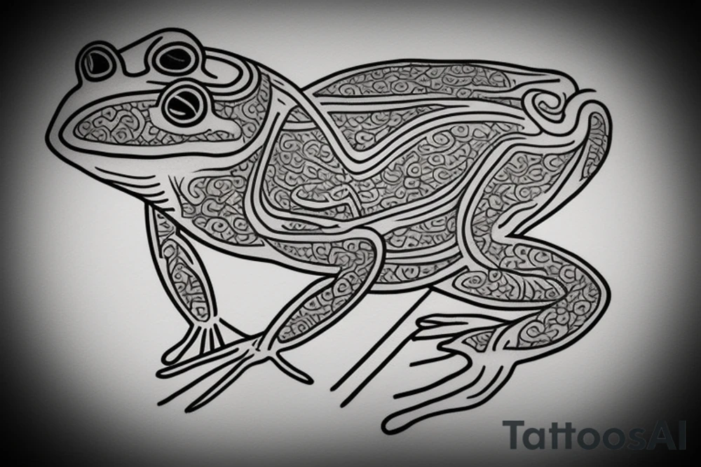 A neo trad tattoo design of a frog with long limbs and a long body sitting in a meditation. Looks like a zen monk. tattoo idea