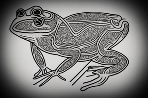 A neo trad tattoo design of a frog with long limbs and a long body sitting in a meditation. Looks like a zen monk. tattoo idea