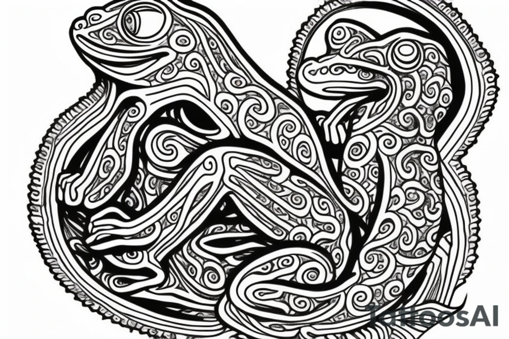 A neo trad tattoo design of a frog with long limbs and a long body sitting in a meditation. Looks like a zen monk. tattoo idea