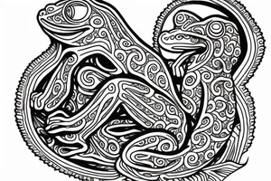 A neo trad tattoo design of a frog with long limbs and a long body sitting in a meditation. Looks like a zen monk. tattoo idea