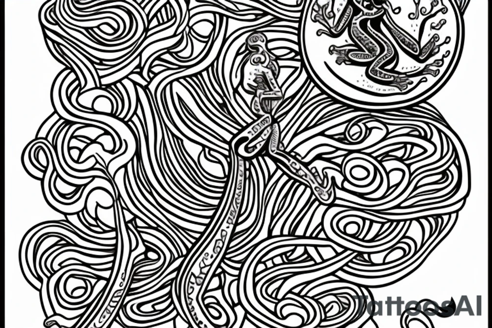 A neo trad tattoo design of a frog with long limbs and a long body sitting in a meditation. Looks like a zen monk. tattoo idea