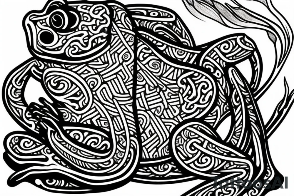 A neo trad tattoo design of a frog with long limbs and a long body sitting in a meditation. Looks like a zen monk. tattoo idea