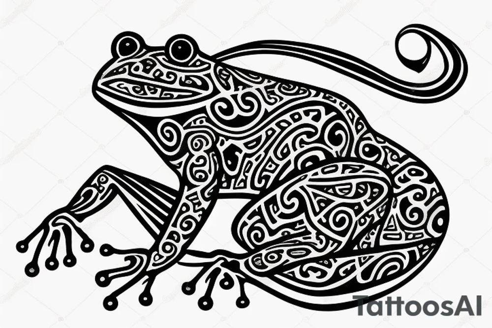 A neo trad tattoo design of a frog with long limbs and a long body sitting in a meditation. Looks like a zen monk. tattoo idea
