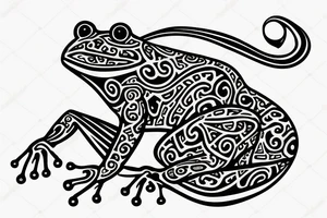 A neo trad tattoo design of a frog with long limbs and a long body sitting in a meditation. Looks like a zen monk. tattoo idea