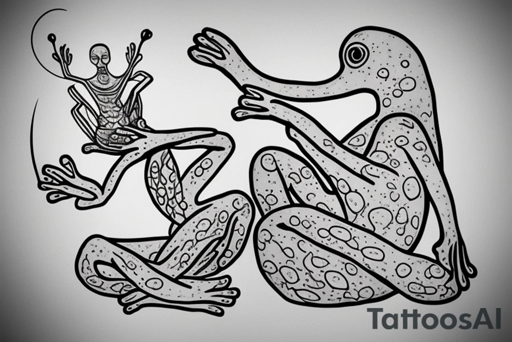 a frog with long limbs and a long body sitting in a meditation. Looks like a zen monk. tattoo idea