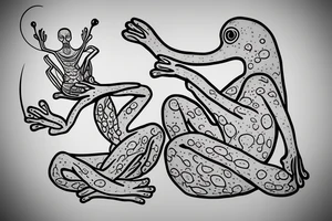 a frog with long limbs and a long body sitting in a meditation. Looks like a zen monk. tattoo idea