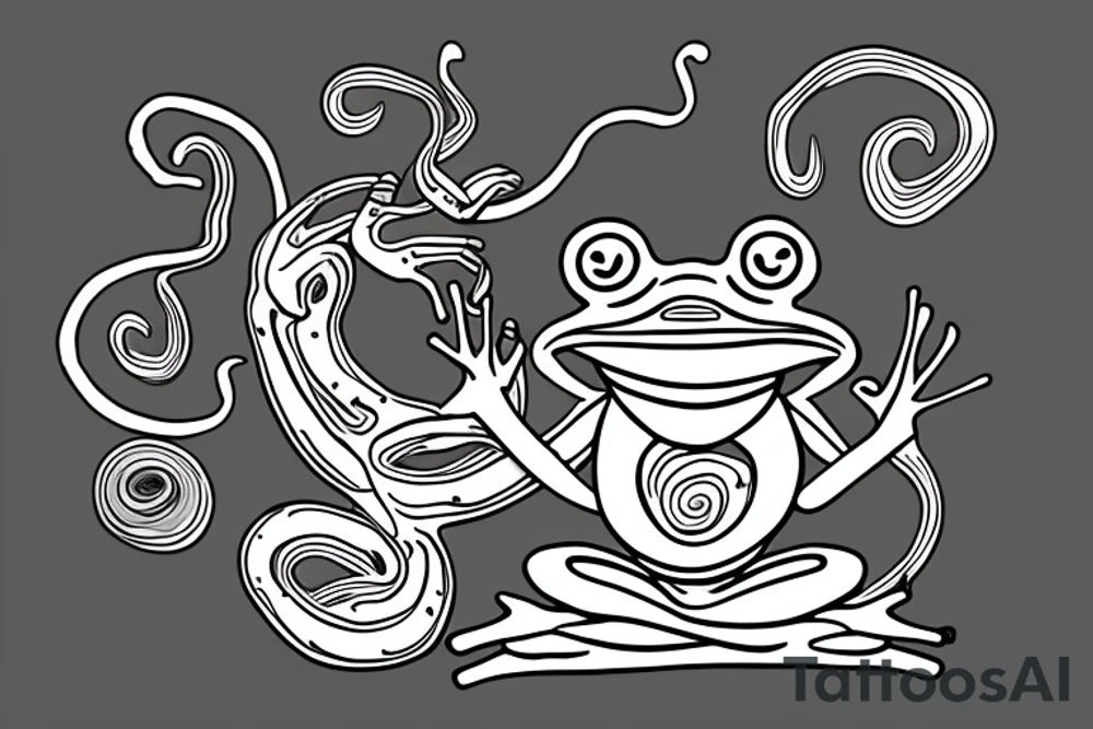 a frog with long limbs and a long body sitting in a meditation. Looks like a zen monk. tattoo idea