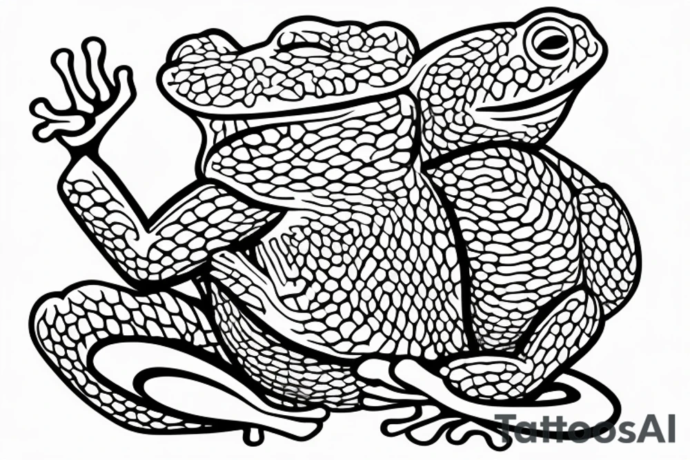 a frog kambo tree frog with long limbs and a long body sitting in a meditation. Looks like a zen monk. He is sitting in lotus position. tattoo idea