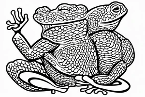 a frog kambo tree frog with long limbs and a long body sitting in a meditation. Looks like a zen monk. He is sitting in lotus position. tattoo idea