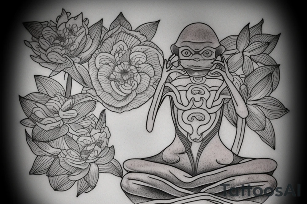 a frog kambo tree frog with long limbs and a long body sitting in a meditation. Looks like a zen monk. He is sitting in lotus position. tattoo idea