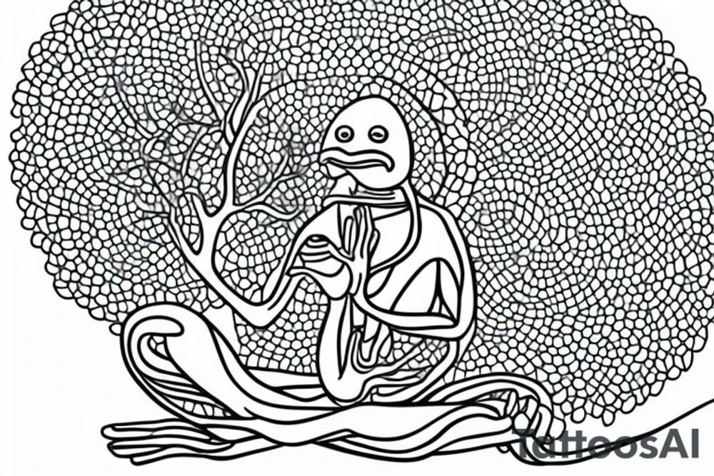 a frog kambo tree frog with long limbs and a long body sitting in a meditation. Looks like a zen monk. He is sitting in lotus position. tattoo idea