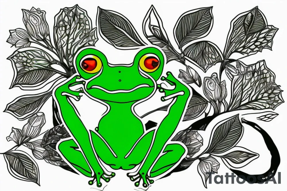 A green tree frog with humanoid body sitting in lotus position tattoo idea