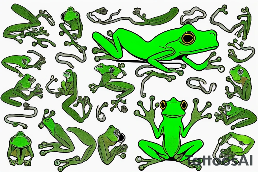 A green tree frog with humanoid body sitting in lotus position tattoo idea