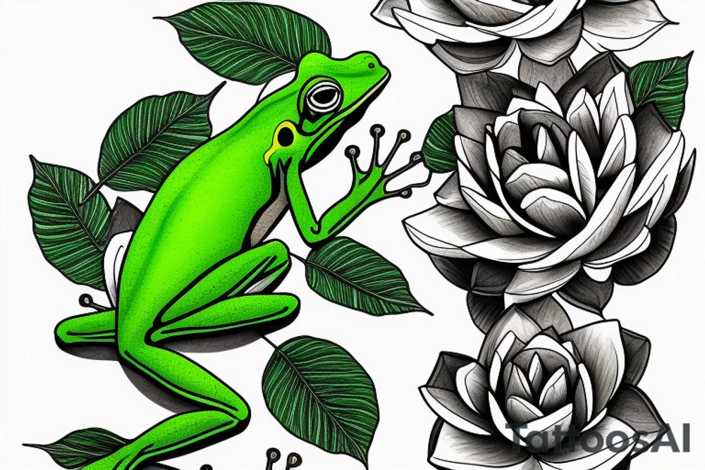 A green tree frog with humanoid body sitting in lotus position tattoo idea