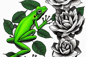 A green tree frog with humanoid body sitting in lotus position tattoo idea