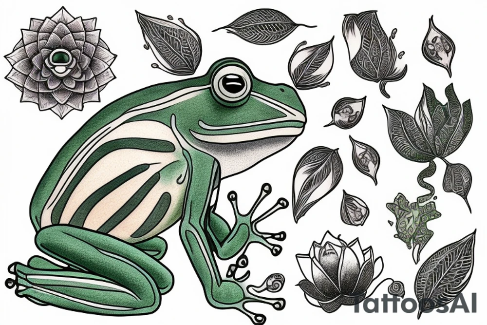 A green tree frog with humanoid body sitting in lotus position tattoo idea