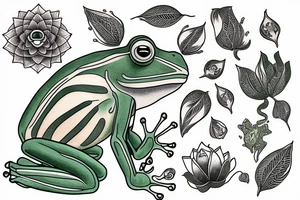 A green tree frog with humanoid body sitting in lotus position tattoo idea