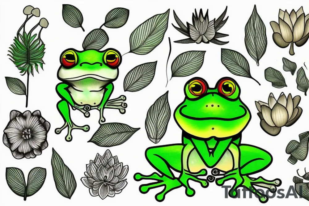 A green tree frog with humanoid body sitting cross legged in lotus position tattoo idea