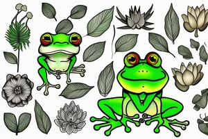 A green tree frog with humanoid body sitting cross legged in lotus position tattoo idea