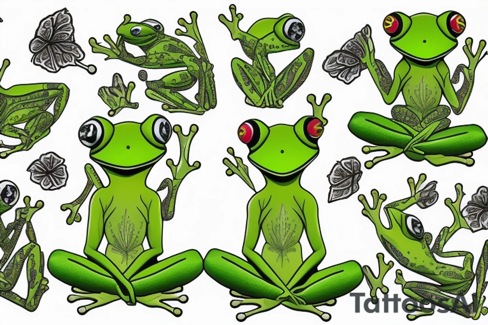 A green tree frog with humanoid body sitting cross legged in lotus position tattoo idea