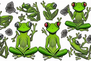 A green tree frog with humanoid body sitting cross legged in lotus position tattoo idea