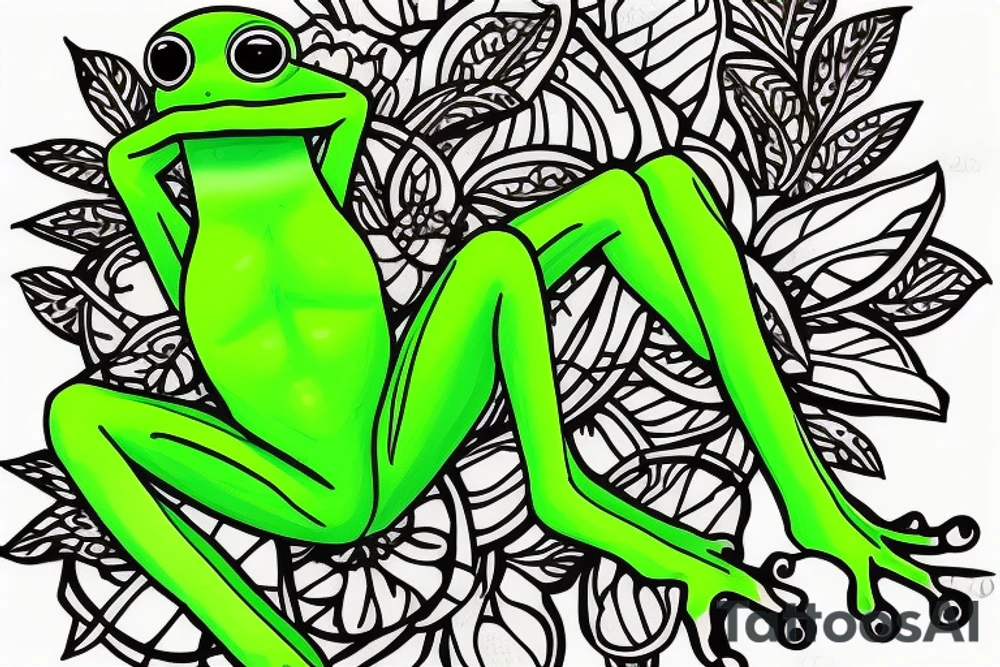 A green tree frog with humanoid body sitting cross legged in lotus position tattoo idea