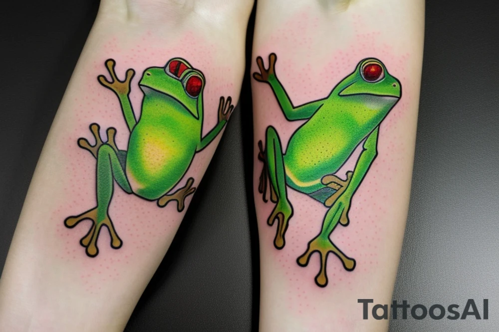 A green tree frog with humanoid body sitting cross legged in lotus position tattoo idea