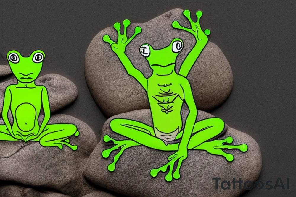 A green tree frog with humanoid body sitting cross legged in lotus position. Meditating like a zen monk. He is sitting on a rock. tattoo idea