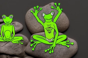 A green tree frog with humanoid body sitting cross legged in lotus position. Meditating like a zen monk. He is sitting on a rock. tattoo idea