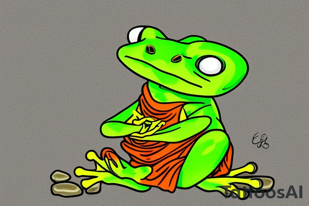 A green tree frog with humanoid body sitting cross legged in lotus position. Meditating like a zen monk. He is sitting on a rock. tattoo idea