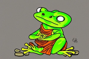 A green tree frog with humanoid body sitting cross legged in lotus position. Meditating like a zen monk. He is sitting on a rock. tattoo idea